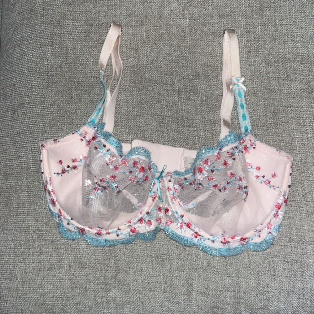 Victoria’s Secret sheer 32DD Bra Floral Embroidered Pink and Blue Bra